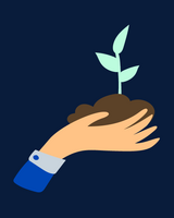 Kuvituskuva kädestä jonka kämmenessä multaa ja taimi.