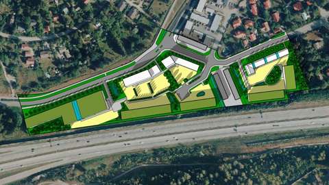 Preliminär byggnadsdimensionering. Högre byggnation i den bortre delen som bullerskydd mot Åboleden. Trädallé planerad för Frisbackavägen.