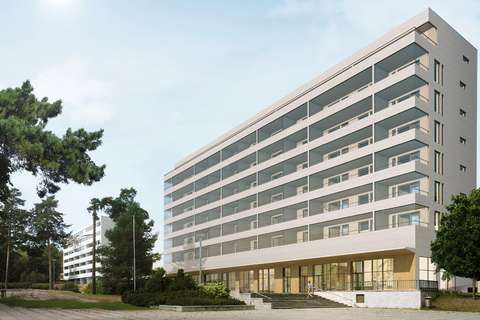 Vy från Ivisnästogets östra kant mot det nuvarande köpcentret. På bilden visas nybygget med 8 våningar på torgsidan vars första våning omfattar affärslokaler. Byggnaden har samma koordinatsystem som Ivisnäs nuvarande byggnader och motsvarar till skalan flervåningshusen med 7 våningar väster om Ivisnäsgatan.