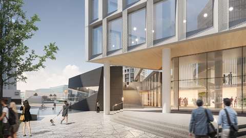Perspective view showing the entrance and interior premises of the planned tower building, the northern entrance building of Keilaniemi metro station and the area of Keilaniementie.