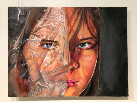 Kuva maalauksesta, jossa kasvojen toisella puolella on ryppyinen harso.