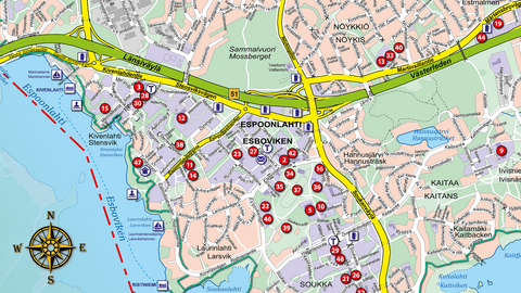Olika objekt, till exempel museer, visas som numrerade bollar på en guidekarta. Objektens förklaringar syns inte på den här kartan.
