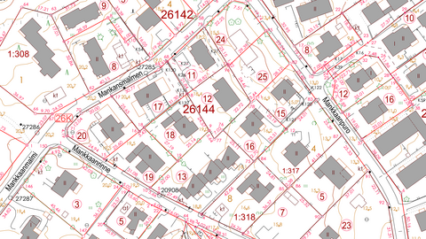 Kartvy. Med linjer, text och symboler visas bland annat byggnader, trafikleder, växtlighet och höjdlägen.