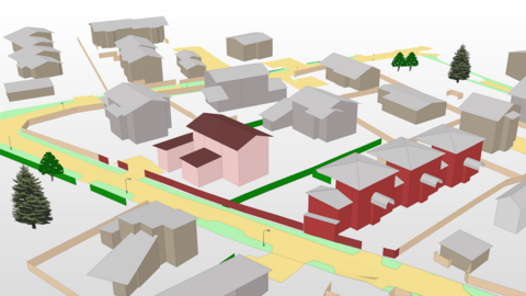 Otexturerade byggnader, gatu- och grönområden samt ljusstolpar snett uppfrån sett i 3D.