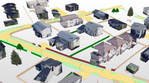 Byggnader med textur samt gatu- och grönområden visas snett uppfrån i 3D-vy.
