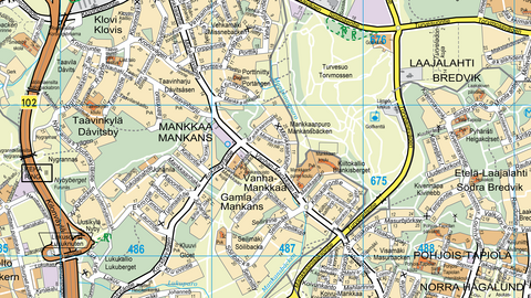 Kartvy. Med linjer, text och symboler visas bland annat byggnader, trafikleder, växtlighet och höjdlägen.
