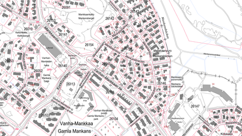 Kartvy. Med linjer, text och symboler visas bland annat byggnader, trafikleder, platser och områden.