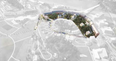 Perspective view of residential blocks of flats of different colours set into a hillside.