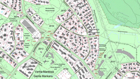 Kartvy. Med linjer, text och symboler visas bland annat byggnader, trafikleder, platser och områden.