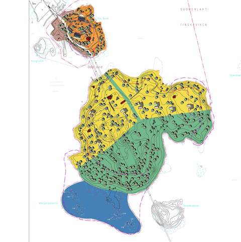 På illustrationen visas möjliga placeringar av byggnaderna i planområdet.