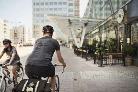 Cyclists in front of Iso Omena shopping centre.