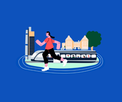 Piirroskuvassa Leppävaarasta näkyy ihminen juoksemassa ja juna.