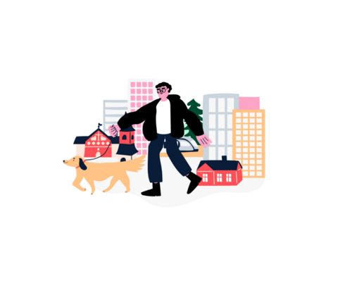 Piirroskuva Espoon Keskuksesta, jossa on ihminen, koira ja rakennuksia.