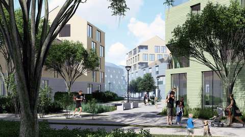 Illustration with people moving about in front of buildings.