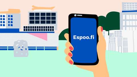 It states espoo.fi on a mobile phone in a hand.