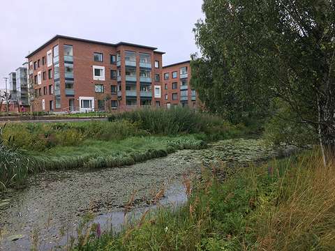 Kuvassa näkyy kerrostalo ja Gräsanojan uomaa.