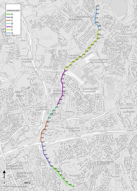 Kuvassa olevaan karttaan  on merkitty uomaosuudet eri värisin viivoin.