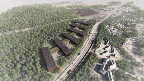 The illustration shows the data centre’s buildings, forest and Kehä III.