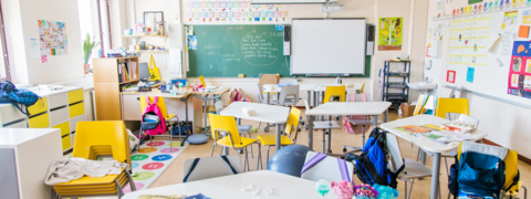 School class, desks and backpacks.