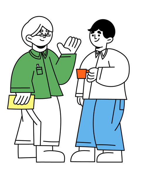 Two people greet each other.