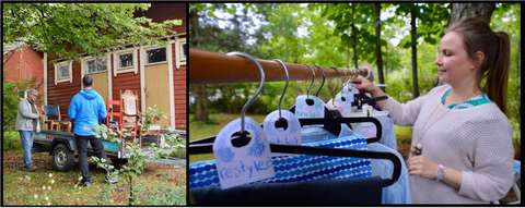 Bild till vänster: två män pratar framför en husvagn där det finns olika stolar. Bild till höger: En kvinna står framför ett klädräcke där det finns klädhängare för reparerade, omarbetade eller återvunna kläder.