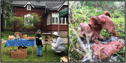 Bild till vänster: En biskötare berättar barn om bisamhällen på det gamla husets gård. Bild till höger: en liten elefantfigur i skogen formad i lera och material som hittades i naturen. 