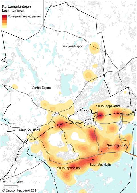 Karta över koncentrationer av platser som lämpar sig för nya bostadshus i Esbo.