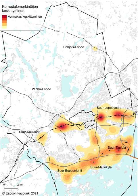 Karta över koncentrationer av platser som lämpar sig för nya flervåningshus i Esbo.
