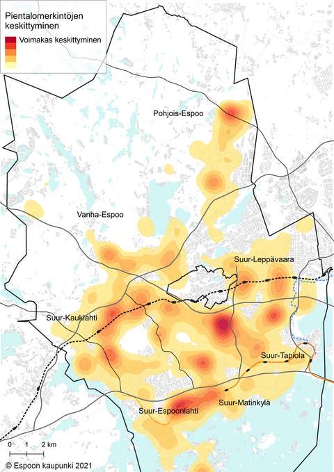 Bild 3:Karta över koncentrationer av platser som lämpar sig för nya småhus i Esbo.
