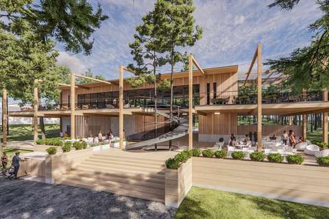 En ny restaurangbyggnad i två våningar som planeras i Toppelund. Fasaden är av trä och glas.