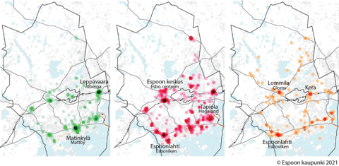 The map illustrates the locations of functional centres, those that require improvements and completely new ones, according to the My Espoo on the Map respondents. All the largest district centres in Espoo are well represented on the maps of both those centres that are functional and those that require improvements. 