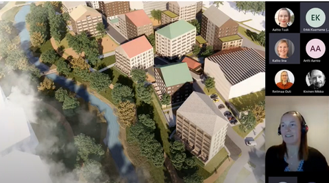 Videokaappaus etäinfosta, jossa näkyy havainnekuva, vastuuvalmistelija puhumassa ja osa läsnäolijoiden kuvakkeista. 
