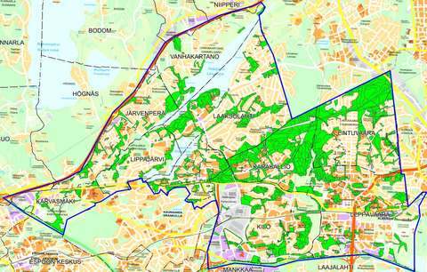 Suunnittelualueen rajaus ja kaupungin hallinnoimat metsät ja niityt kartalla.