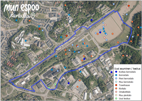 Kartalle on merkitty paikat, joita ”Mun Espoo kartalla -kyselyn vastaajat ovat pitäneet sopivana uudelle asumiselle. 