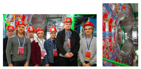 Espoonlahden lukion opiskelijoita punaiset kypärät päässä Cernissä. Vieressä hiukkaskiihdyttimen poikkileikkaus.