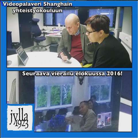 Ylemmässä kuvassa kaksi ihmistä iPadin äärellä puhumassa videopuhelua. Alemmassa kuvassa muutama kiinalainen yhteistyökoulun ihminen puhumassa videopuhelua.