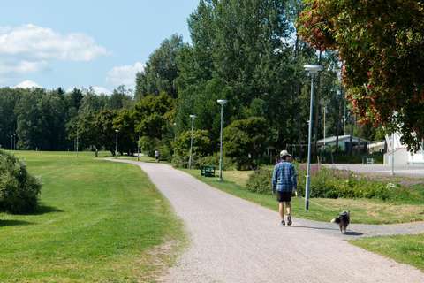 En människa rastar en hund på en gångväg i en park.