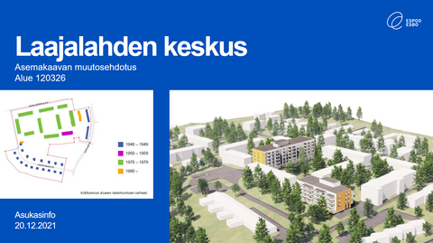 kuvakaappaus etäasukastilaisuuden diasta, jossa näkyy havainnekuva uusista kerrostaloista sekä kartta alueen rakennuskannan aikakerrostumista. 