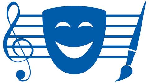 Illustration with a sheet of music, a clef, a theatrical mask and a brush.