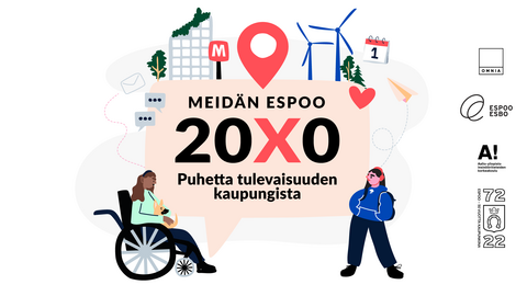 Ihmisiä tulevaisuuden kaupungissa ja puhekupla, jossa teksti "Meidän Espoo 20X0 puhetta tulevaisuuden kaupungista".