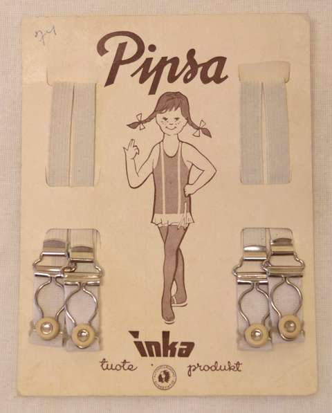 Mainospiirrosella koristeltu tuotepakkaus, tyttöjen sukkanauhat.