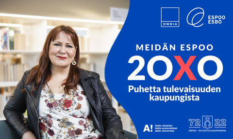 Puolivartalokuva Elina Hiltustesta, sininen muoto jonka päällä teksti: "Meidän Espoo 20X0 puhetta tulevaisuuden kaupungista".