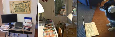 Kolme kuvaa työpisteistä joista viimeisimmässä humoristisesti koira kuulokkeet korvilla ja läppäri edessään.