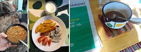 3 erillistä kuvaa erilaisista ruoka-annoksista.