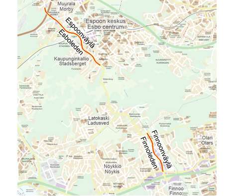 Espoonväylä ja finnoonväylä opaskartalla.