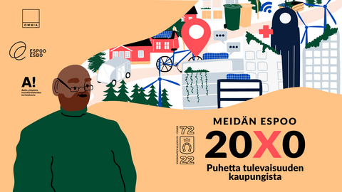 Piirroskuvassa vanhempi herrasmies ajattelee tulevaisuuden Espoota, lisäksi logoteksti: "Meidän Espoo 20X0 - Puhetta tulevaisuuden kaupungista".