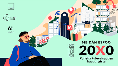 Piirroskuvassa penkillä istuva ihmishahmo ajattelee tulevaisuuden Espoota, lisäksi logoteksti: "Meidän Espoo 20X0 - Puhetta tulevaisuuden kaupungista".
