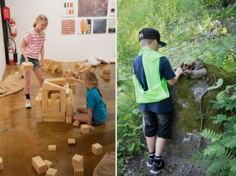 Kaksi kuvaa lapsista leikeissään:2 tyttöä leikkii sisätiloissa ja yksi poika ulkona luonnossa.
