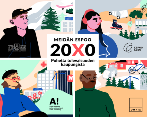 Neljä erilaista piirroshahmoa ajattelee Espoon tulevaisuutta, lisäksi logoteksti: "Meidän Espoo 20X0 - Puhetta tulevaisuuden kaupungista".