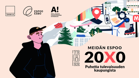 Piiroskuvassa poika ajattelee tulevaisuuden Espoota, lisäksi logotkesti "Meidän Espoo 20X0 - Tulevaisuuden kaupunki tehdään puhumalla".